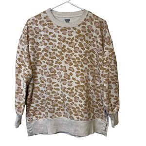 Aerie Leopard Print Sweatshirt Women XS Tan Pink Oversized Side Slit Pullover